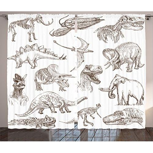  Ambesonne Jurassic Curtains, Arrangement of Various Dinosaurs Illustrations Skeleton Biology Historic, Living Room Bedroom Window Drapes 2 Panel Set, 108 W X 84 L Inches, Dark Brow