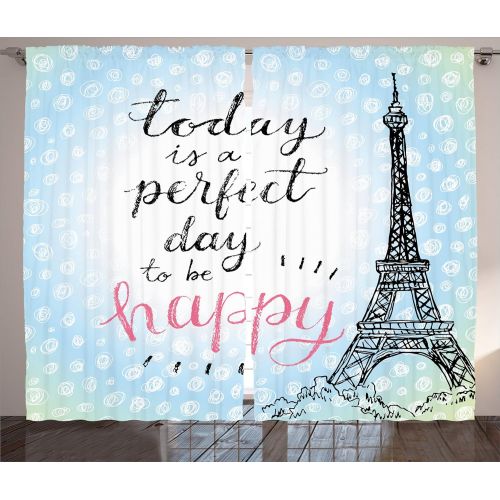  Ambesonne Eiffel Tower Decor Curtains, Perfect Day Eiffel Tower Polka Dot Handwriting Typography Sketch Print Paris Decor, Living Room Bedroom Decor, 2 Panel Set, 108 W X 84 L inch