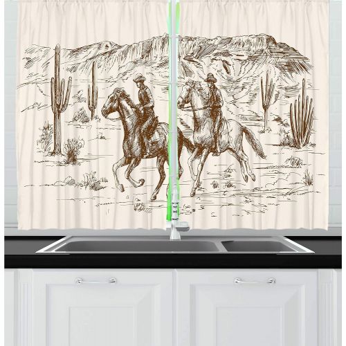  Ambesonne Western Kitchen Curtains, Galloping Running Horses in Desert Two Cowboys Roping Dusty Wild Rural Countryside, Window Drapes 2 Panel Set for Kitchen Cafe, 55 W X 39 L Inch