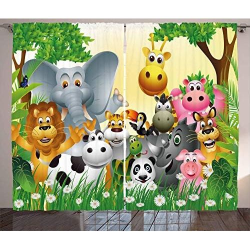  Ambesonne Kids Decor Curtains, Cute Animals in Jungle Elephant Giraffe Panda Bear Pig Lion Hippo Rhino Cartoon, Living Room Bedroom Window Drapes 2 Panel Set, 108 W X 84 L inches,