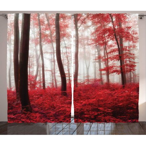  Modern Decor Curtains by Ambesonne, Autumn Forest Scenery with Rays of Warm Sun Lights on Shady Trees Woods Art, Living Room Bedroom Window Drapes 2 Panel Set, 108W X 63L Inches, Y