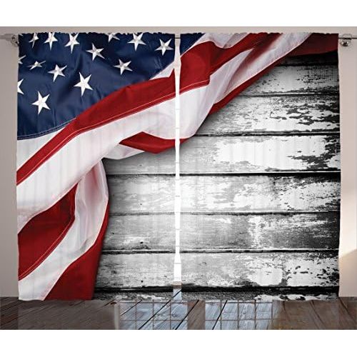  Ambesonne American Flag Curtains, Flag Rippling over Horizontal Lines Wooden Federal Government Artwork Print, Living Room Bedroom Window Drapes 2 Panel Set, 108 W X 84 L Inches, R