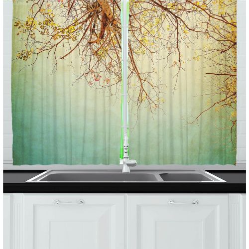 Ambesonne Nature Decor Kitchen Curtains by, Surreal Morning Fog in Mist Forest Mountain Valley Habitat Themed Himalayan Print, Window Drapes 2 Panels Set for Kitchen Cafe, 55W X 39