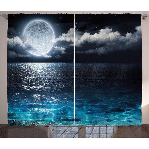  Ambesonne Night Sky Curtains, Full Moon and Foggy Clouds with Turquoise Glass Like Sea Ocean Print, Living Room Bedroom Window Drapes 2 Panel Set, 108 W X 63 L Inches, Dark Blue an