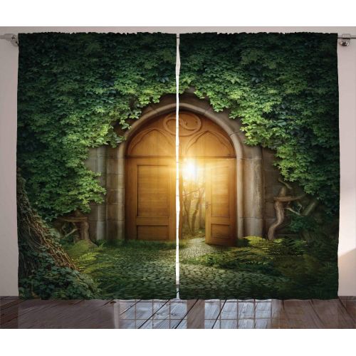 Ambesonne Christmas Curtain Panels Apartment Christmas Decorations Green by, Classical Christmas Ornaments and Baubles on Pine Tree Twig Tinsel Print, Living Room Bedroom 2 Panels