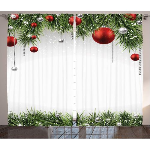  Ambesonne Christmas Curtain Panels Apartment Christmas Decorations Green by, Classical Christmas Ornaments and Baubles on Pine Tree Twig Tinsel Print, Living Room Bedroom 2 Panels