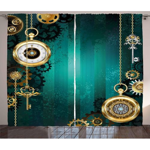  Ambesonne Christmas Curtain Panels Apartment Christmas Decorations Green by, Classical Christmas Ornaments and Baubles on Pine Tree Twig Tinsel Print, Living Room Bedroom 2 Panels
