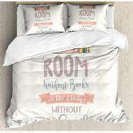 Ambesonne Book Duvet Cover Set King Size, Book Shelf Illustration with A Room Without Books is Body Without Soul Quote Print, Decorative 3 Piece Bedding Set with 2 Pillow Shams, Mu