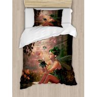 Ambesonne Fairy Duvet Cover Set, Girl with Wings and Butterflies Digital Composition Computer Graphics Elven Creature, Decorative 2 Piece Bedding Set with 1 Pillow Sham, Twin Size,