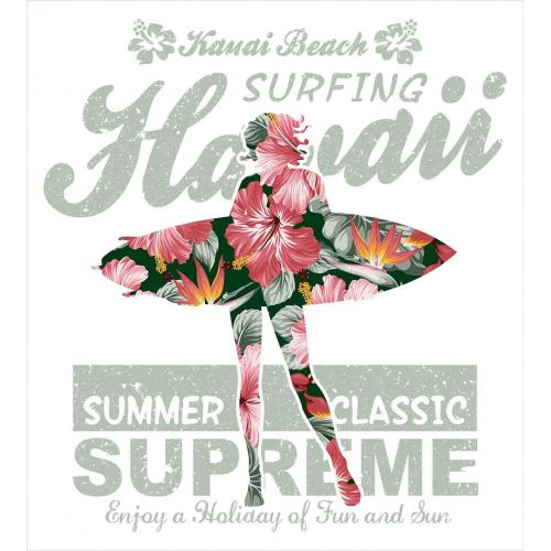  Ambesonne Hawaiian Duvet Cover Set Queen Size, Tropical Hawaii Hibiscus Surfing Girl Silhouette Surfboard Retro Themed Artprint, Decorative 3 Piece Bedding Set with 2 Pillow Shams,