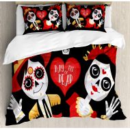 Ambesonne Dia de Los Muertos Duvet Cover Set, Day of The Dead Sugar Skull Boy and Girl, Decorative 3 Piece Bedding Set with 2 Pillow Shams, King Size, Charcoal Grey Vermilion White