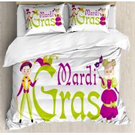 Ambesonne Lunarable Mardi Gras Duvet Cover Set, Cartoon Characters and Typography Boy and Girl in Costumes Mask, Decorative 3 Piece Bedding Set with 2 Pillow Shams, Queen Size, Multicolor