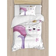 Ambesonne Unicorn Cat Duvet Cover Set, Fictitious Horned Character with Face Expression Girls Kids, Decorative 2 Piece Bedding Set with 1 Pillow Sham, Twin Size, Pink Orange