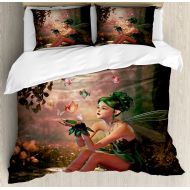 Ambesonne Fairy Duvet Cover Set, Girl with Wings and Butterflies Digital Composition Computer Graphics Elven Creature, Decorative 3 Piece Bedding Set with 2 Pillow Shams, King Size