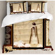 Ambesonne Japanese Duvet Cover Set, Girl in Traditional Dress and Cultural Patterns Ornaments Antique Eastern Collage, Decorative 3 Piece Bedding Set with 2 Pillow Shams, Queen Siz