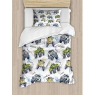 Ambesonne Cars Duvet Cover Set, Hand Drawn Watercolored Monster Trucks Enormous Wheels Off Road Lifestyle, Decorative 2 Piece Bedding Set with 1 Pillow Sham, Twin Size, Blue Yellow