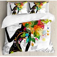 Ambesonne Colorful Duvet Cover Set, Madame Butterfly Modern Version with Spring Spiral Circles Leaf Botany Girl Print, Decorative 3 Piece Bedding Set with 2 Pillow Shams, Queen Siz