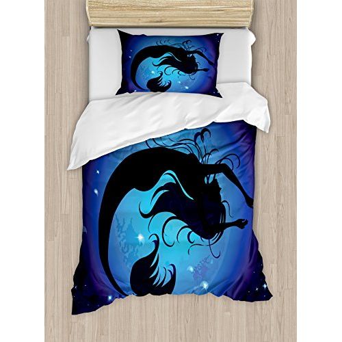  Ambesonne Mermaid Duvet Cover Set, Silhouette of Aquatic Girl on Moon Sky Background Fictional Print, Decorative 3 Piece Bedding Set with 2 Pillow Shams, King Size, Purple Black