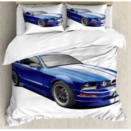 Ambesonne Teen Room Decor Duvet Cover Set King Size, American Auto Racing Car Sports Competition Speed Winner Boys Kids Graphic Theme, A Decorative 3 Piece Bedding Set with 2 Pillo