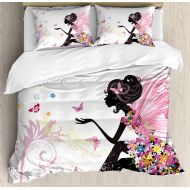 Ambesonne Butterfly Duvet Cover Set King Size, Abstract Silhouette of a Girl with Pink Wings and a Floral Dress Spring Fairy Theme Art, A Decorative 3 Piece Bedding Set with 2 Pill
