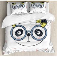 Ambesonne Geek Duvet Cover Set Queen Size, Hand-Drawn Doodle Panda Girl Wearing Glasses on White Background with Heart Shapes, Decorative 3 Piece Bedding Set with 2 Pillow Shams, M