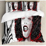 Ambesonne African Duvet Cover Set King Size, African American Girl Singing with Saxophone Player Popular Sound Jazz Theme Design, A Decorative 3 Piece Bedding Set with 2 Pillow Sha