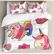 Ambesonne Unicorn Cat Duvet Cover Set Queen Size, Cute Fantastic Icons for Girls Magical Characters Mythological Mascots, Decorative 3 Piece Bedding Set with 2 Pillow Shams, Pink M