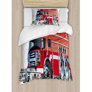 Ambesonne Cars Duvet Cover Set Twin Size, Big Fire Truck with Emergency Equipments of Universal Safety Rescue Team Engine Cartoon Theme, A Decorative 2 Piece Bedding Set with 1 Pil