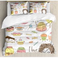 Ambesonne Sweet Dreams Queen Size Duvet Cover Set, Teen Girl Dreaming About Sweets Food Doodle Characters Kawaii Cartoon Faces, Decorative 3 Piece Bedding Set with 2 Pillow Shams,