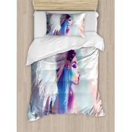 Ambesonne Native American Duvet Cover Set Twin Size, Girl Smoking Pipe with Traditional Clothes Abstract Watercolor Background, Decorative 2 Piece Bedding Set with 1 Pillow Sham, M