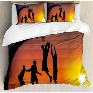 Ambesonne Teen Room Decor Duvet Cover Set Queen Size, Boys Playing Basketball at Sunset Horizon Sky In Dramatic Scene Theme, Decorative 3 Piece Bedding Set with 2 Pillow Shams, Dar