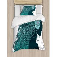 Ambesonne Music Duvet Cover Set Twin Size, DJ Girl Profile with Long Hair in Headphones Nightclub Silhouettes Party Print, Decorative 2 Piece Bedding Set with 1 Pillow Sham, Teal A