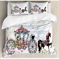 Ambesonne Kids Decor Duvet Cover Set Queen Size, Vintage Floral Carriage Black Horse Colorful Flowers Fairy Butterfly Girls Fun Party Print, Decorative 3 Piece Bedding Set with 2 P