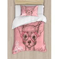Ambesonne Dog Duvet Cover Set, Girl Chihuahua Sketch Illustration with Words Fashion Glasses Ribbons Puppy, Decorative 2 Piece Bedding Set with 1 Pillow Sham, Twin Size, Green Pink