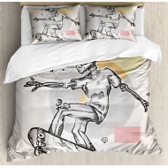 Ambesonne Skull Decor Duvet Cover Set, Punk Rocker Skeleton Boy on a Skateboard Skiing with Abstract Background, 3 Piece Bedding Set with Pillow Shams, Queen/Full, Light Grey Cream