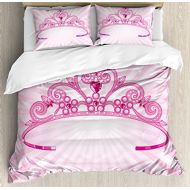 Ambesonne Kids Duvet Cover Set Queen Size, Beautiful Pink Fairy Princess Costume Print Crown with Diamond Image Art, Decorative 3 Piece Bedding Set with 2 Pillow Shams