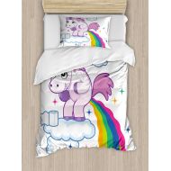 Ambesonne Funny Duvet Cover Set Twin Size, Unicorn Pooping Rainbow over Clouds Creative Kids Girls Fairy Tale Fantasy Cartoon, Decorative 2 Piece Bedding Set with 1 Pillow Sham, Mu