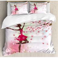 Ambesonne Animal Duvet Cover Set, Butterfly Fairy Ballerina Princess Dancer Floral Branch Floral, Decorative 3 Piece Bedding Set with 2 Pillow Shams, Queen Size, Rose Pink