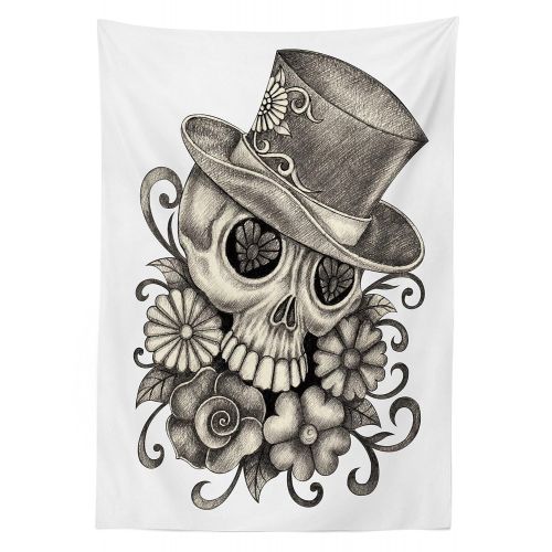  Ambesonne Day of The Dead Outdoor Tablecloth, Sketch of Mexican Spanish Festive Celebration Skull Head Flowers, Decorative Washable Picnic Table Cloth, 58 X 120 Inches, Dimgrey and