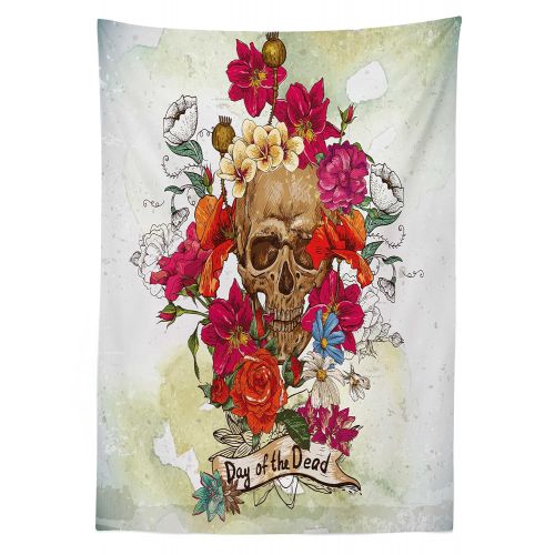  Ambesonne Day of The Dead Outdoor Tablecloth, Skull Dead Head with Flowers Daisies Spanish Festive Tradition Celebration, Decorative Washable Picnic Table Cloth, 58 X 120 Inches, M