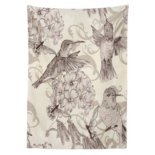  Ambesonne Hummingbirds Outdoor Tablecloth, Birds and Flowers Monochromic Classical Design Nostalgia Ornate Festive, Decorative Washable Picnic Table Cloth, 58 X 120 Inches, Cream B