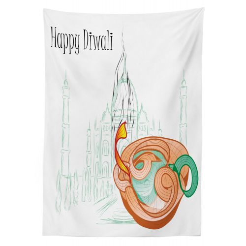  Ambesonne Diwali Outdoor Tablecloth, Abstract Palace Taj Mahal Like Sketch with Modern Festive Fire Candles Asian Print, Decorative Washable Picnic Table Cloth, 58 X 120 Inches, Mu