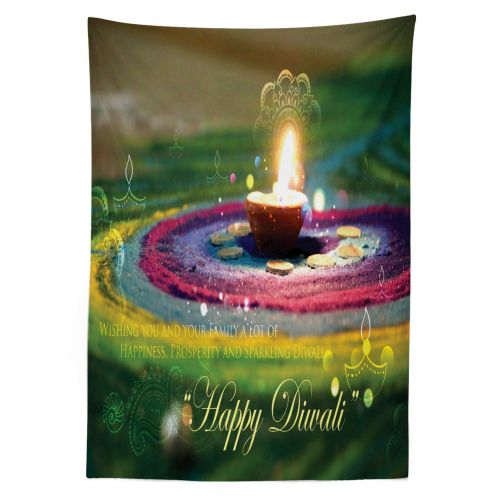  Ambesonne Diwali Outdoor Tablecloth, Tribal Ancient and Festive Celebration with Happy Wishes Quotation Photo Print, Decorative Washable Picnic Table Cloth, 58 X 104 Inches, Multic