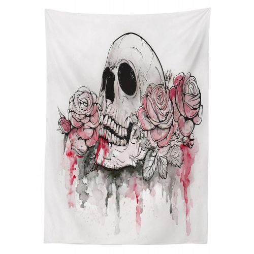  Ambesonne Day of The Dead Outdoor Tablecloth, Print of Skull Dead with Romantic Roses Celebration Day Festive, Decorative Washable Picnic Table Cloth, 58 X 104 Inches, White Pale P