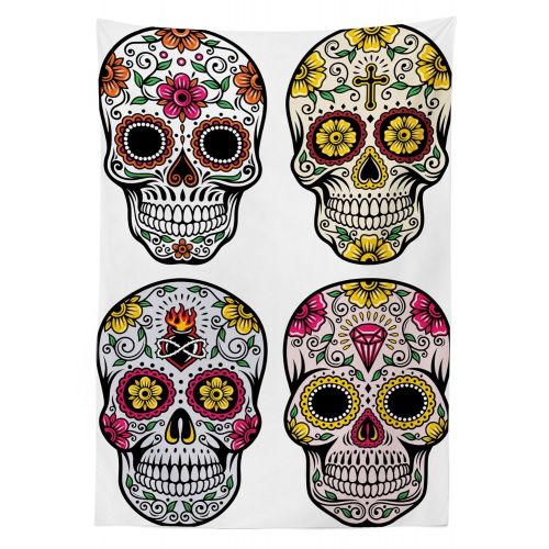  Ambesonne Day of The Dead Outdoor Tablecloth, Dia de Los Muertos Festive Celebration Skull Artwork Image, Decorative Washable Picnic Table Cloth, 58 X 120 Inches, Yellow Pink Black