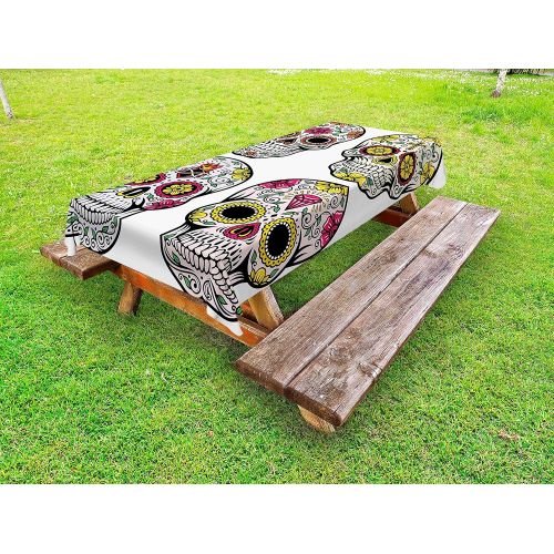  Ambesonne Day of The Dead Outdoor Tablecloth, Dia de Los Muertos Festive Celebration Skull Artwork Image, Decorative Washable Picnic Table Cloth, 58 X 120 Inches, Yellow Pink Black
