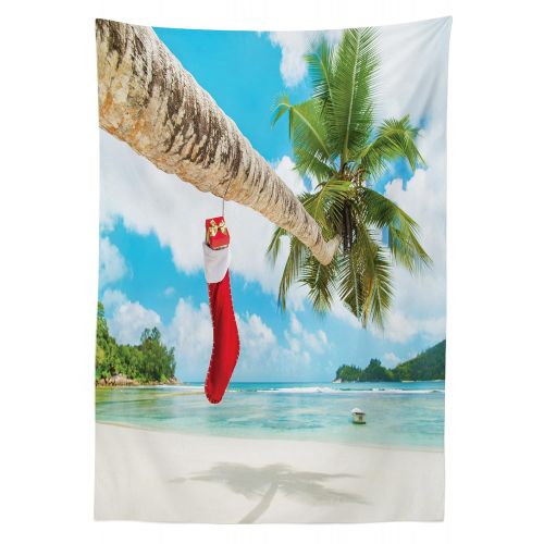  Ambesonne Christmas Outdoor Tablecloth, Sock on The Palm Tree on Tropical Sandy Beach Island Maldives Festive Design, Decorative Washable Picnic Table Cloth, 58 X 120 Inches, Multi