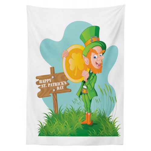  Ambesonne St. Patricks Day Outdoor Tablecloth, Festive Leprechaun with Costume Holding Large Shamrock Gold Coin on Hill, Decorative Washable Picnic Table Cloth, 58 X 120 Inches, Mu