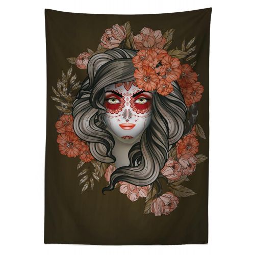  Ambesonne Day of The Dead Outdoor Tablecloth, Spanish Woman with Festive Calavera Makeup Art and Flower Blooms, Decorative Washable Picnic Table Cloth, 58 X 120 Inches, Army Green