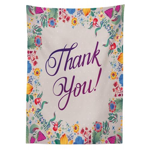  Ambesonne Flower Outdoor Tablecloth, Thank You Quote Surrounded by Festive Elements Like Flowers Fruits and Leaves Art, Decorative Washable Picnic Table Cloth, 58 X 104 Inches, Mul